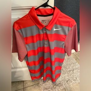 Men’s Nike golf polo. Red / orange and gray stripes. Size small.